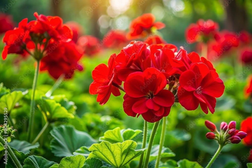 Vibrant red geranium flowers burst with beauty against a lush green foliage backdrop, capturing the essence of a warm summer day in a serene outdoor setting. Vibrant red geranium flowers burst with beauty against a lush green foliage backdrop, capturing the essence of a warm summer day in a serene outdoor setting.