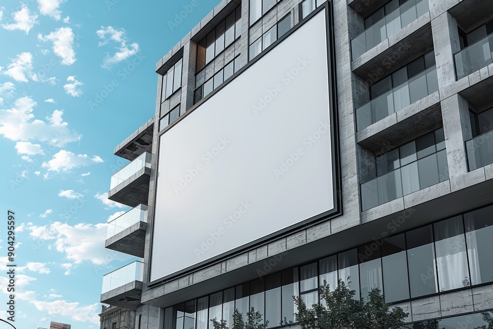 a white bilboard mockup hanged on the side of a building. a white bilboard mockup hanged on the side of a building.