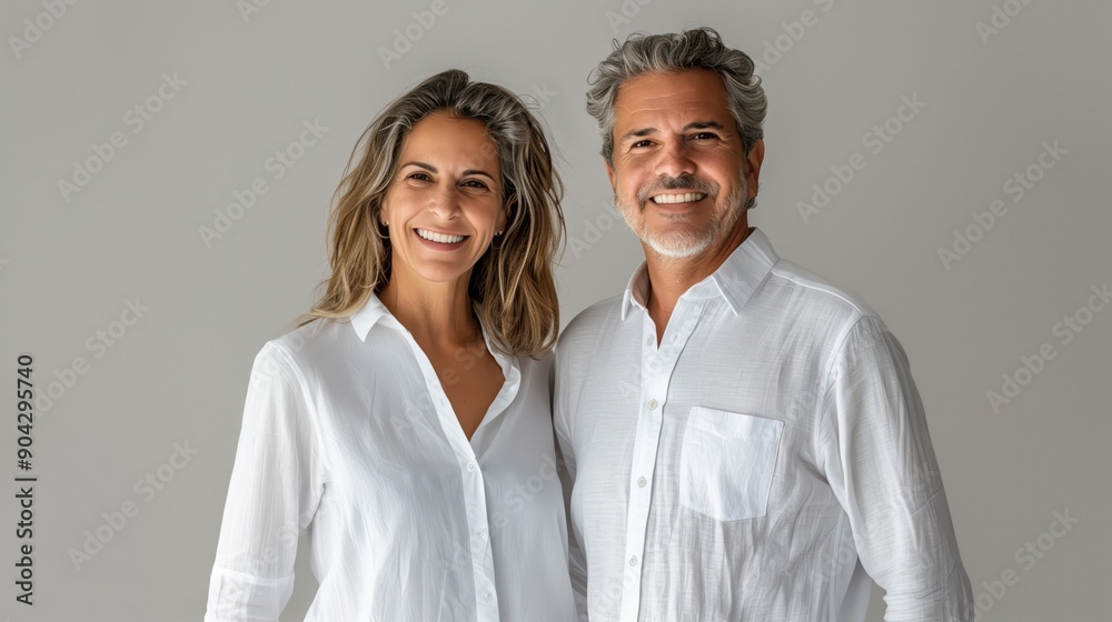 Smiling Middle-Aged Couple Holding Hands in White Shirts Against Neutral Background Smiling Middle-Aged Couple Holding Hands in White Shirts Against Neutral Background