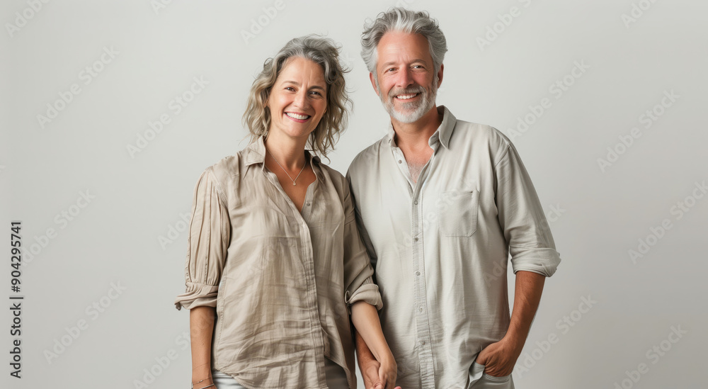 Happy Middle-Aged Couple Smiling and Holding Hands In Casual Clothing Happy Middle-Aged Couple Smiling and Holding Hands In Casual Clothing