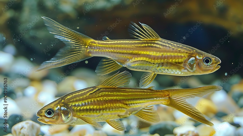 In a fresh tank two lively zebrafish with bright yellow scales swim neatly