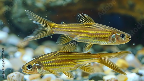 Obraz na płótnie In a fresh tank two lively zebrafish with bright yellow scales swim neatly w salonie