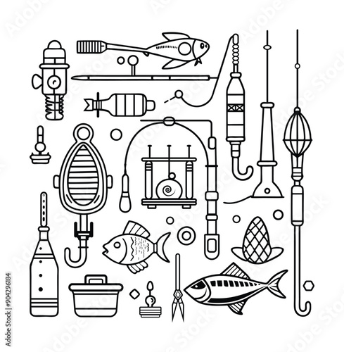 Fishing equipment, doodle set fishing tools, hand-drawn vector fishing image.