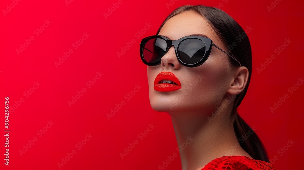 Depict a young woman sporting trendy black eyewear, set against a bold red background, emphasizing her contemporary style and vibrant personality Depict a young woman sporting trendy black eyewear, set against a bold red background, emphasizing her contemporary style and vibrant personality