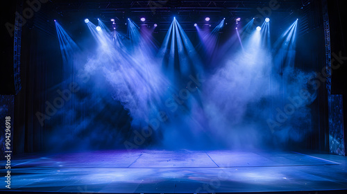 Empty stage with blue spotlights and smoke.