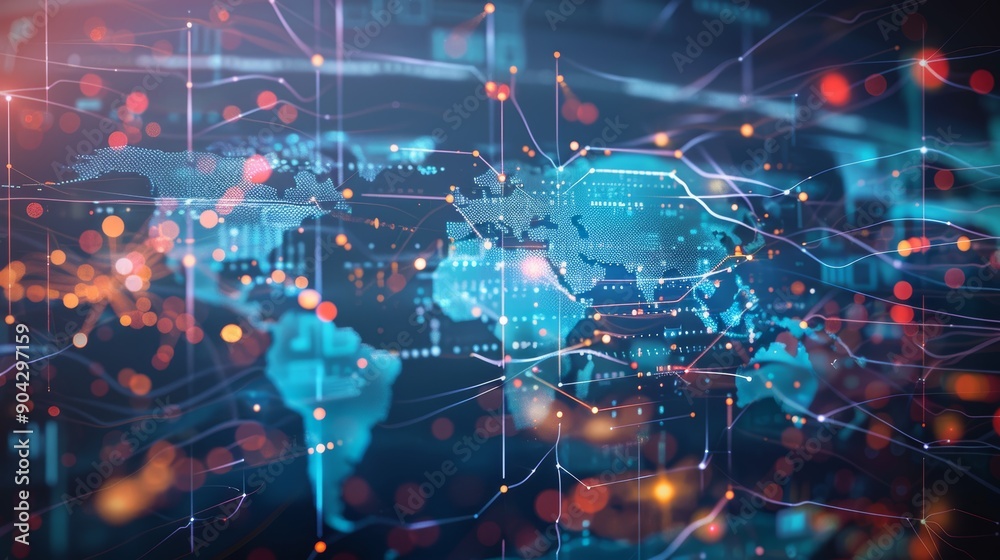Global Data Exchange Network with Digital World Map for Futuristic and Technological Design Uses Global Data Exchange Network with Digital World Map for Futuristic and Technological Design Uses