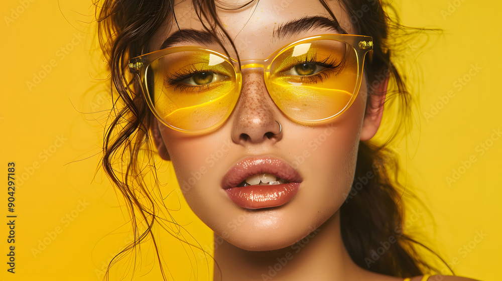Close-up portrait of a woman with yellow sunglasses and freckles. Close-up portrait of a woman with yellow sunglasses and freckles.
