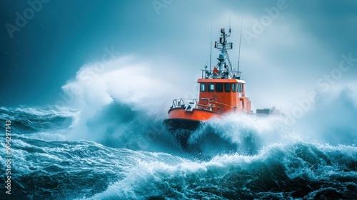 A brave tugboat navigates through turbulent waves, showcasing strength and resilience in challenging maritime conditions.
