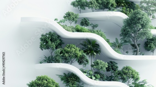 A futuristic building design with flowing white walls and lush greenery growing within.  The image is a concept for sustainable and biophilic architecture. photo