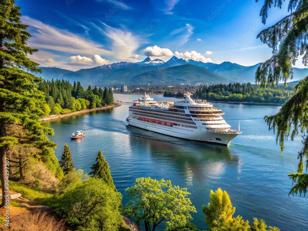 Luxurious cruise ship sails past iconic Stanley Park in Vancouver, British Columbia, Canada, on a sunny June day, ready to embark on an unforgettable Alaska voyage. Luxurious cruise ship sails past iconic Stanley Park in Vancouver, British Columbia, Canada, on a sunny June day, ready to embark on an unforgettable Alaska voyage.