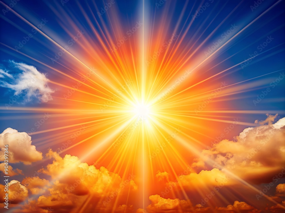 Vibrant orange sun with bold, abstract rays shining brightly against a clear blue sky with subtle gradient and soft, feathery clouds in background. Vibrant orange sun with bold, abstract rays shining brightly against a clear blue sky with subtle gradient and soft, feathery clouds in background.