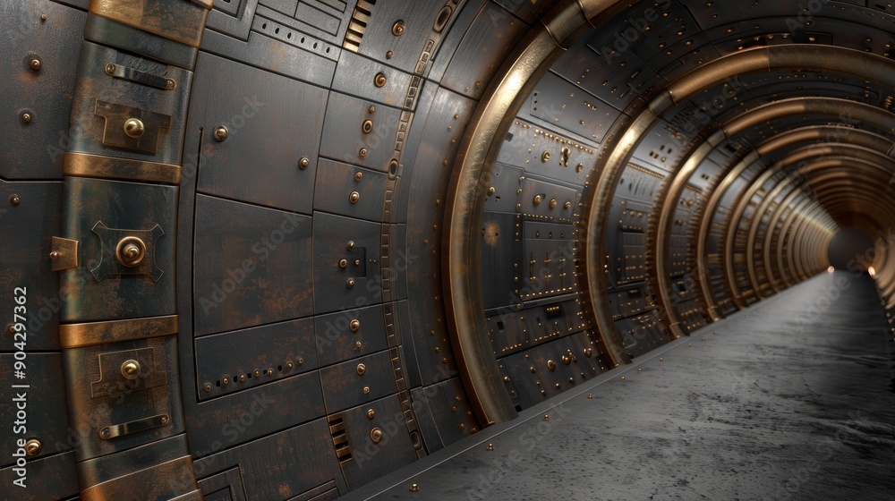 A long, metallic tunnel with intricate details and a dark, mysterious atmosphere A long, metallic tunnel with intricate details and a dark, mysterious atmosphere