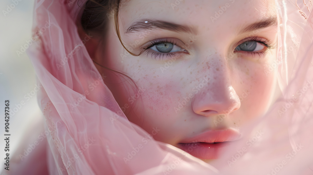 Close-up of a woman's face with pink fabric. Close-up of a woman's face with pink fabric.