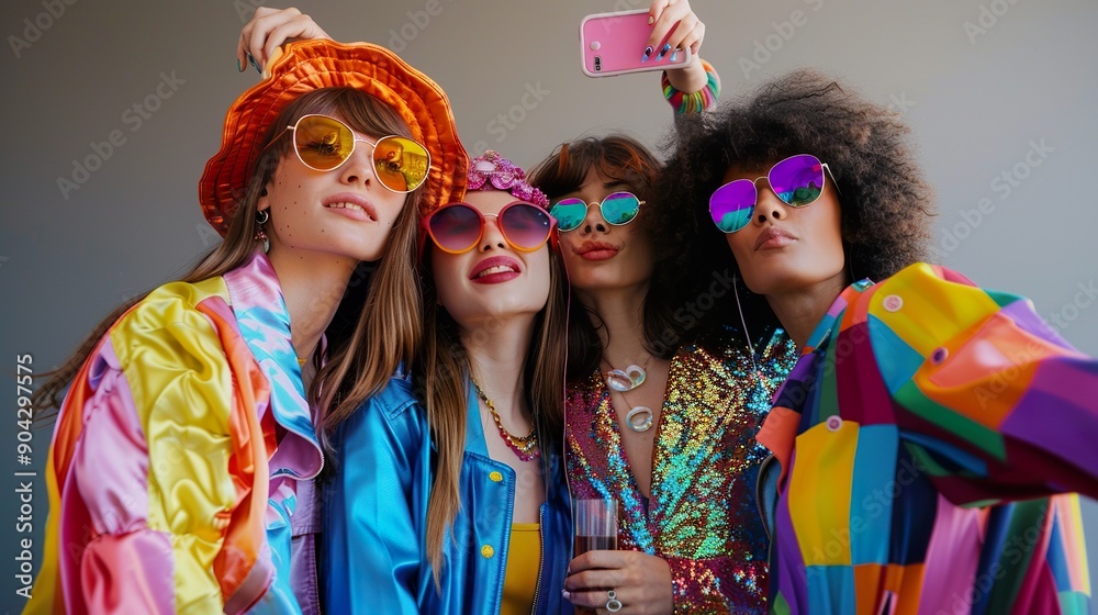 Obraz premium four friends capturing a vibrant party selfie, against a neutral gray background that emphasizes their colorful outfits and lively expressions.