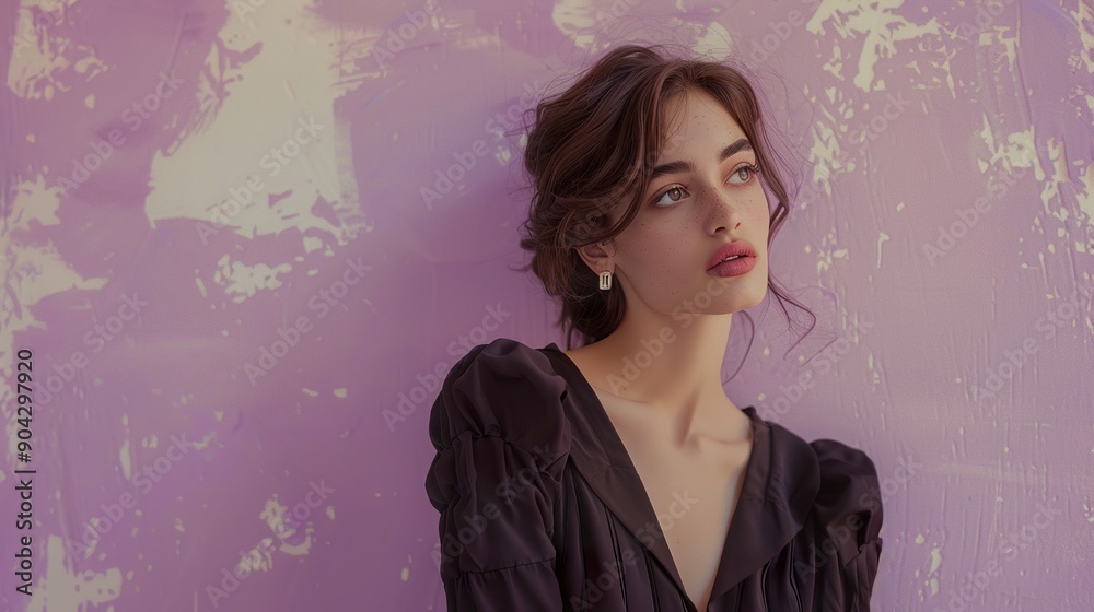 Fototapeta premium Illustrate a beautiful woman in a fashionable black dress, set against a soft lavender wall, creating a serene and stylish portrait