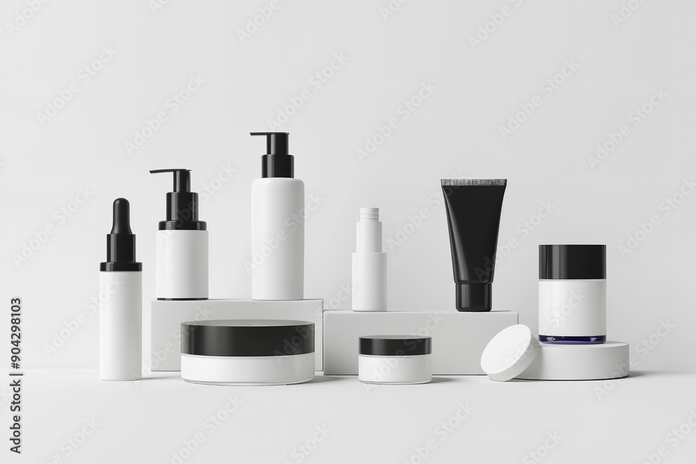Mockup shows a collection of cosmetic items against a white backdrop. Various packaging for cosmetic promotions, Generative AI. Mockup shows a collection of cosmetic items against a white backdrop. Various packaging for cosmetic promotions, Generative AI.