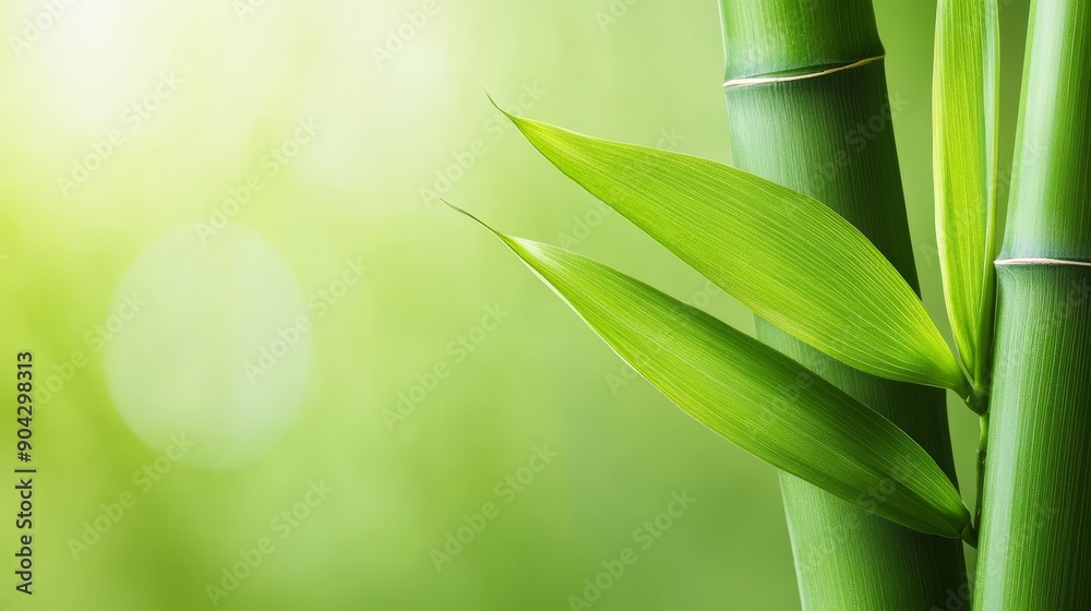 Fototapeta premium Detailed close-up of bamboo shoots with vibrant green leaves and intricate textures, set against a blurred natural background to emphasize the bamboos elegance, high-resolution photo, realistic photo