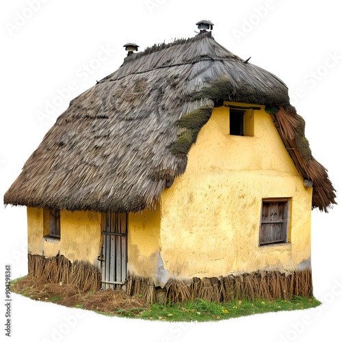 Traditional thatched roof cottage isolated on white