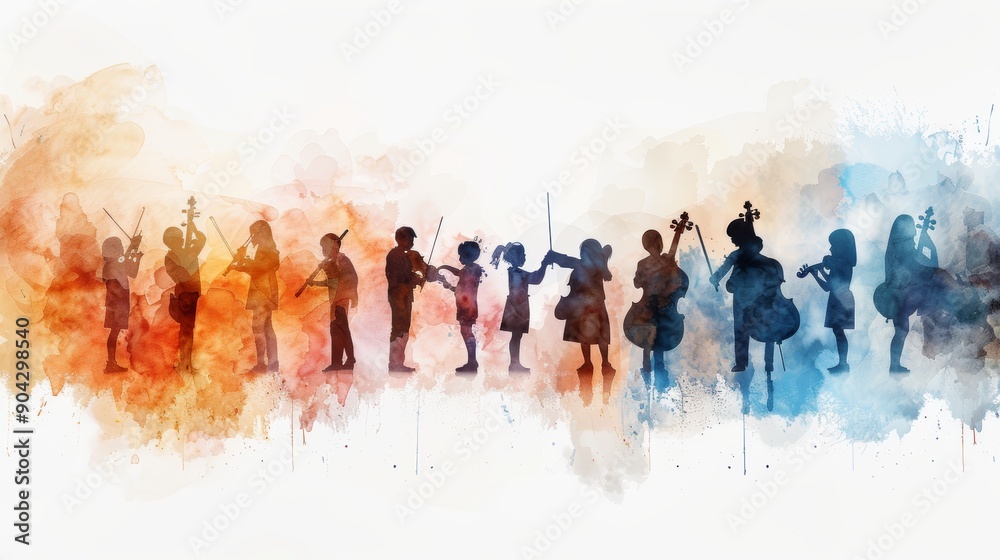 A watercolor-like illustration of a diverse group of people playing musical instruments. A watercolor-like illustration of a diverse group of people playing musical instruments.