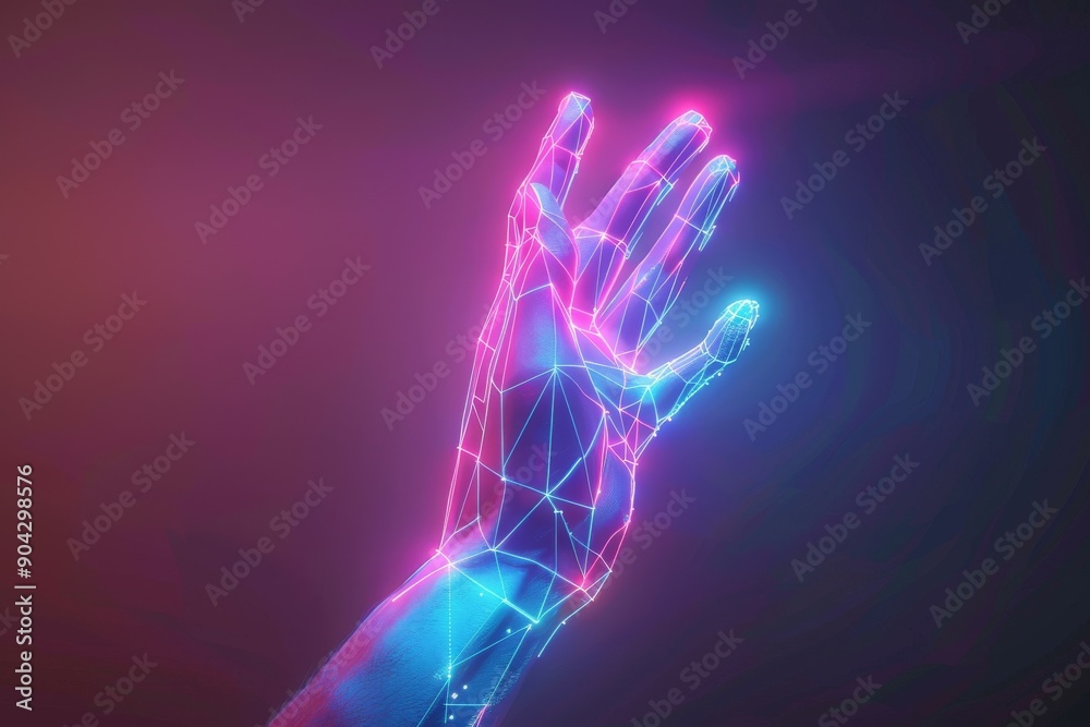 3D rendering of a holographic hand, constructed with geometric shapes and neon blue lines. 3D rendering of a holographic hand, constructed with geometric shapes and neon blue lines.