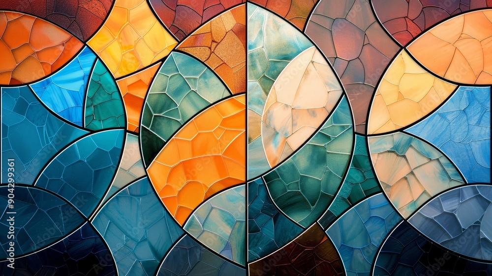 Abstract stained glass window with vibrant colors and geometric patterns. Abstract stained glass window with vibrant colors and geometric patterns.