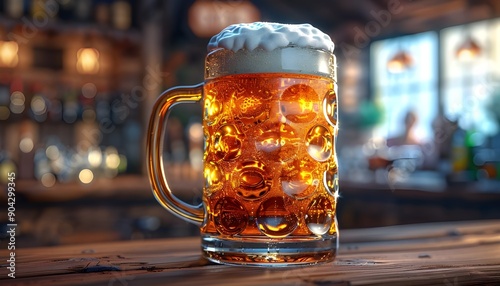 Glass of beer on wooden table, Beer mug on wooden counter, glass of beer on the table, Glass of beer with blur background.