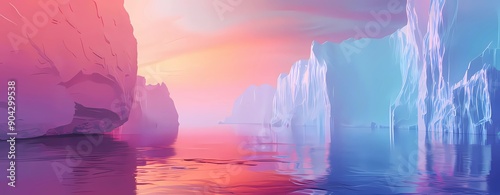 3d render, futuristic landscape with cliffs and water. Modern minimal abstract background. Spiritual zen wallpaper with sunset or sunrise light photo