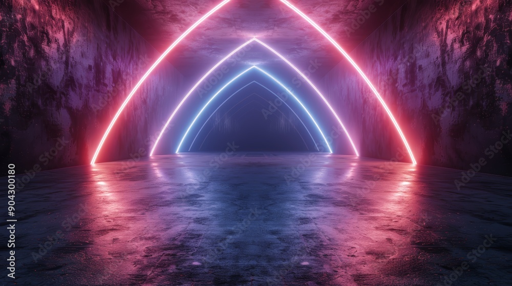 Neon triangles glowing in a dark, futuristic space, with reflections on the wet floor. Neon triangles glowing in a dark, futuristic space, with reflections on the wet floor.