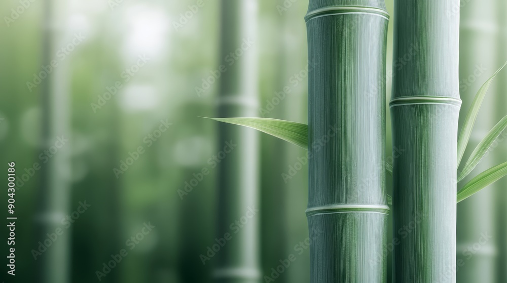 Fototapeta premium Macro shot of bamboo segments and nodes, highlighting the smooth surface and subtle color variations, with a soft-focus bamboo forest in the background, high-resolution photo, realistic photo
