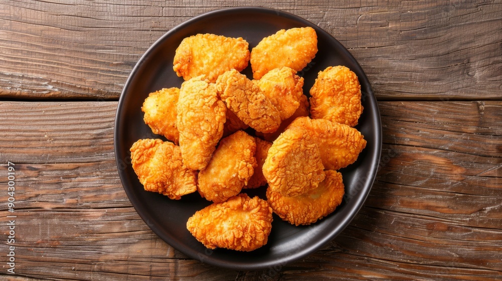Top above view of chicken nuggets wings on a plate, copy space. Delicious crispy fried meat fast junk food, unhealthy crunch Top above view of chicken nuggets wings on a plate, copy space. Delicious crispy fried meat fast junk food, unhealthy crunch