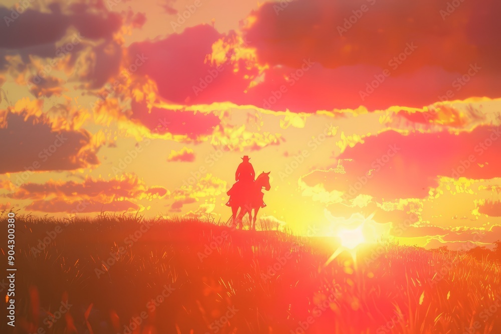 Fototapeta premium silhouette of a cowboy riding a horse at sunset
