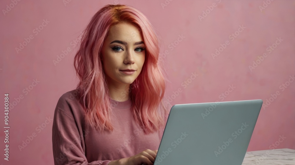 Smiling businesswoman working on laptop, showcasing modern technology and office life