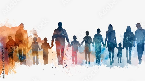 Wallpaper Mural Silhouettes of a large family holding hands, walking towards a colorful watercolor background.  A symbol of togetherness and unity. Torontodigital.ca