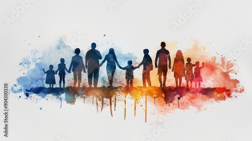 Wallpaper Mural Silhouettes of a large family standing together in a colorful watercolor background. Torontodigital.ca