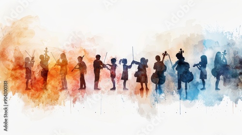 Wallpaper Mural Silhouettes of musicians playing instruments in a watercolor background, representing harmony and teamwork. Torontodigital.ca
