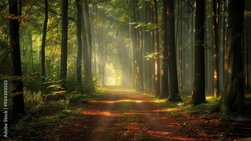 Fototapeta premium Sunbeams illuminate a path winding through a dense forest, creating a mystical atmosphere.