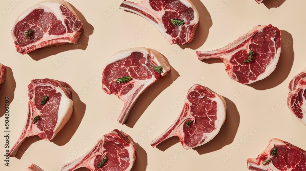 Horizontal Pattern of Raw fresh meat Tomahawk Steak on beige background flatlay food Horizontal Pattern of Raw fresh meat Tomahawk Steak on beige background flatlay food
