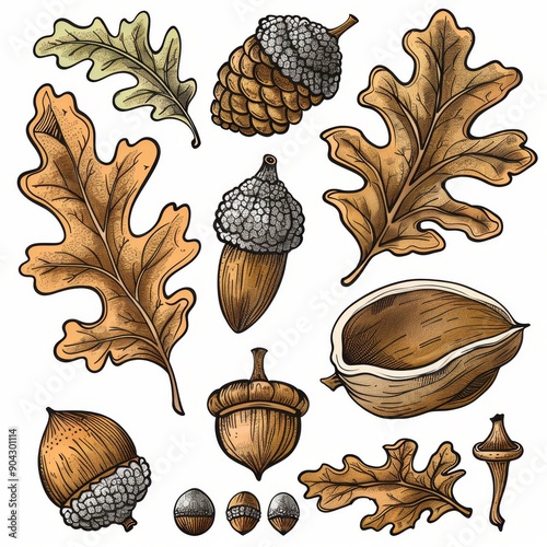 An oak leaf and an acorn drawing set for autumn. photo