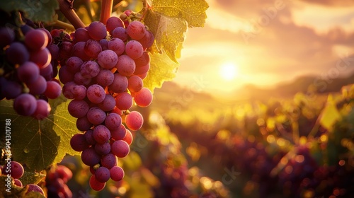 A stunning vineyard scene at sunset, showcasing ripe grapes and a picturesque landscape, perfect for showcasing nature's beauty.