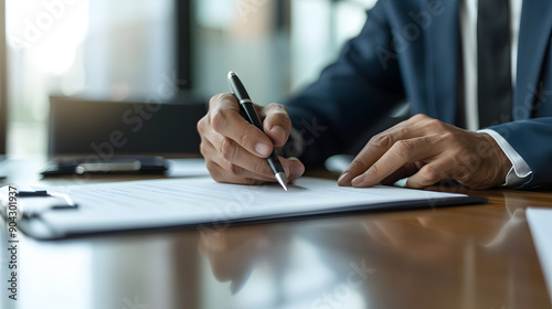 Close-up of hand signing document.