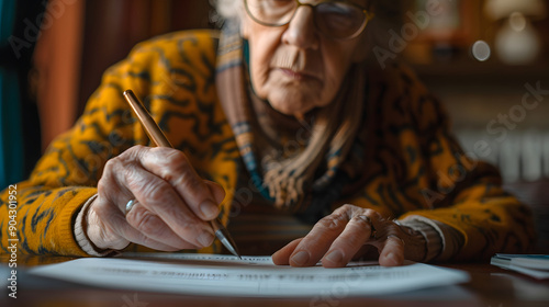 Close-up of an elderly woman's hand writing on paper.