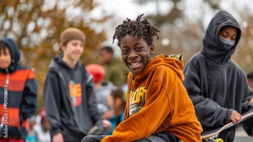 Group of Happy Multiracial Children Playing Outdoors on a Fall Day - Autumn Fun and Joyful Moments. Generative ai