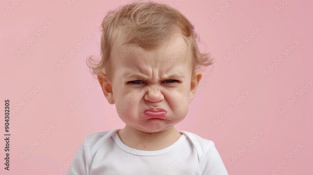 Unhappy and dissatisfied toddler baby isolated on a pink studio background. Crying kid or child showing frustration and negative Unhappy and dissatisfied toddler baby isolated on a pink studio background. Crying kid or child showing frustration and negative