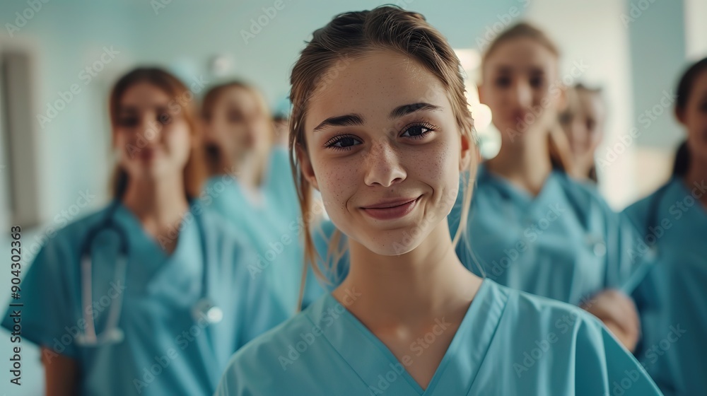 Young Female Nurse in Blue Scrubs Smiling with Group of Nurses in Hospital Hall, Bright Atmosphere, Clear Focus on Faces Young Female Nurse in Blue Scrubs Smiling with Group of Nurses in Hospital Hall, Bright Atmosphere, Clear Focus on Faces