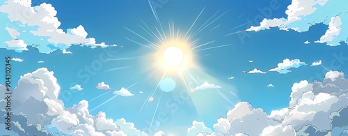 Blue sky with clouds. Anime style background with shining sun and white fluffy clouds.