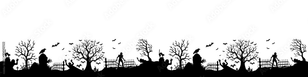 Seamless halloween silhouette panorama for background. A seamless vector border pattern depicting a spooky halloween cemetery scene with zombies, skeletons, and tombstones Seamless halloween silhouette panorama for background. A seamless vector border pattern depicting a spooky halloween cemetery scene with zombies, skeletons, and tombstones