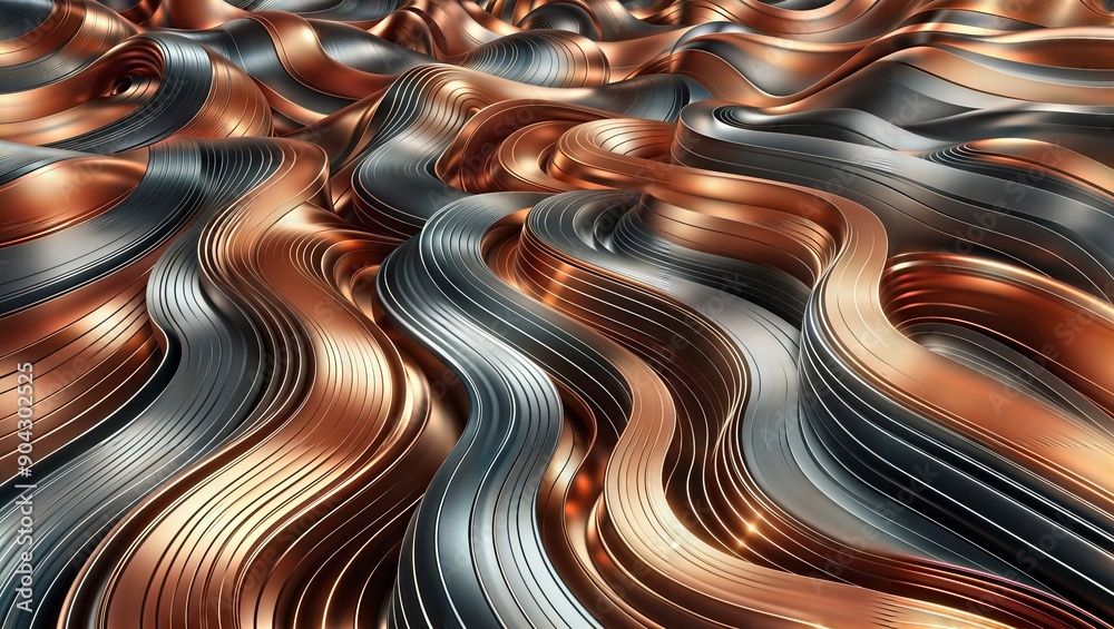 Naklejka premium Metallic Waves. Abstract 3D render of undulating metallic surfaces in copper and silver tones, creating a fluid and dynamic composition.