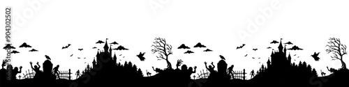 Seamless halloween silhouette panorama for background. Halloween seamless background showing creepy landscape with haunted castle, zombies and bats flying