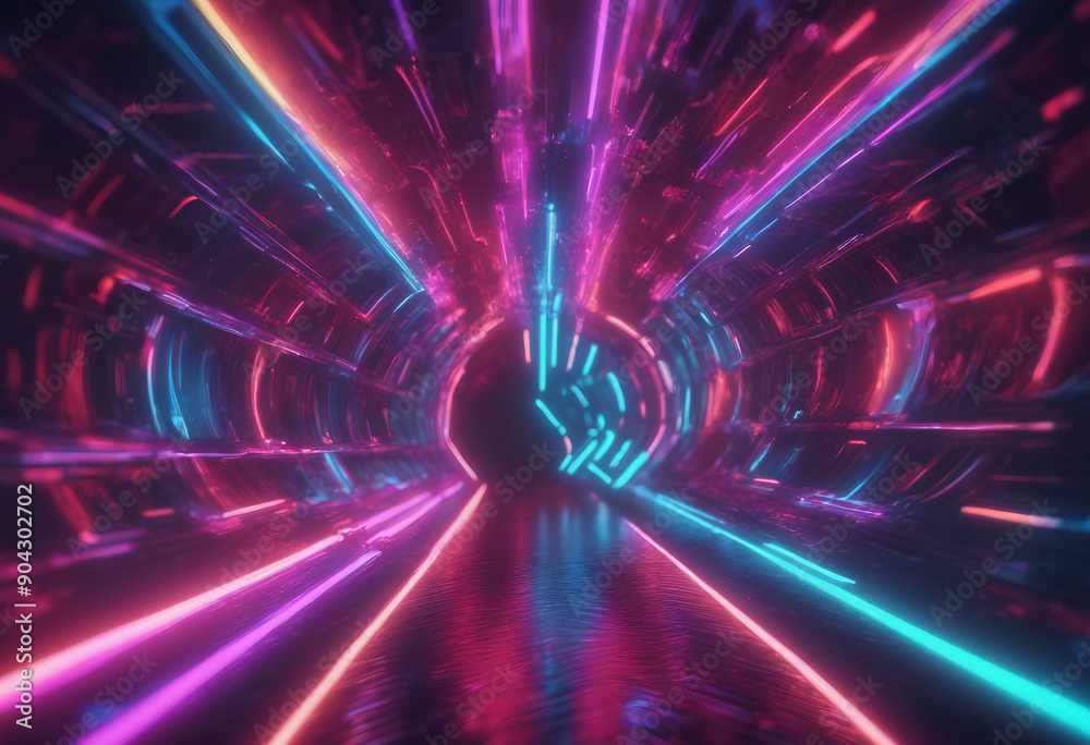 Abstract flight in retro neon hyper warp space in the tunnel 3d illustration