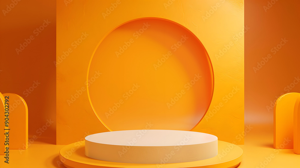 Orange and white podium with geometric shapes for product display. Orange and white podium with geometric shapes for product display.